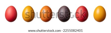 Multicolored Easter eggs, a group of Paschal eggs in in a row. Hard boiled, colorful dyed chicken eggs, used to celebrate the resurrection of Jesus during Eastertide. Symbol for fertility and rebirth.