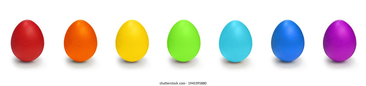 Multicolored easter eggs isolated on white background. Collection eggs painted in rainbow colors. Beautiful colorful object for design to easter holiday. Wide Angle easter Wallpaper or Web banner - Powered by Shutterstock