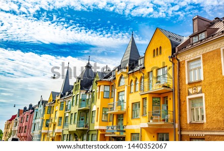 Multicolored facades of buildings in Helsinki, the capital of Finland, the traditional Scandinavian architecture, Ullanlinna, Huvilakatu