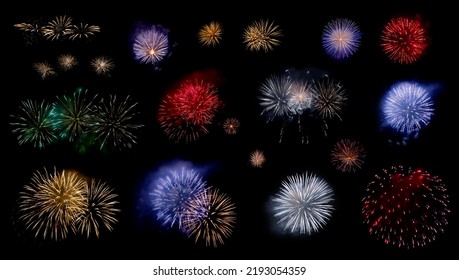 Multicolored fireworks set isolated on a black background. Colorful bright firework flashes variety for celebration, holyday and Christmas concept. Outdoor pyrotechnic effects collection. 