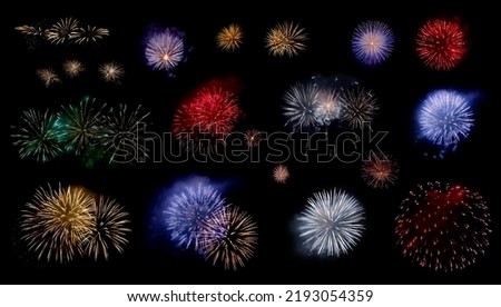 Multicolored fireworks set isolated on a black background. Colorful bright firework flashes variety for celebration, holyday and Christmas concept. Outdoor pyrotechnic effects collection. 