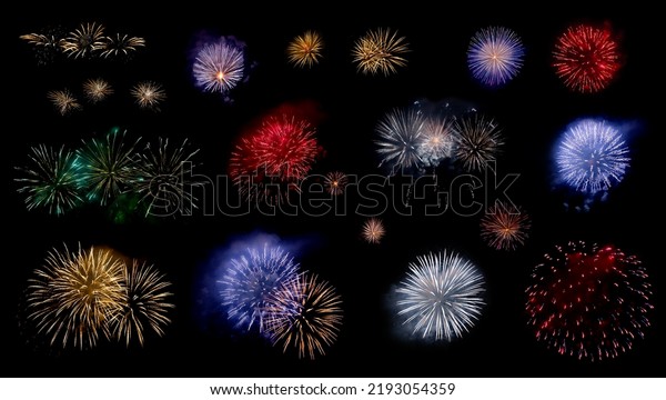 Multicolored fireworks set isolated on a black\
background. Colorful bright firework flashes variety for\
celebration, holyday and Christmas concept. Outdoor pyrotechnic\
effects collection.\
