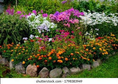 multicolored flowerbed on a lawn. horizontal shot. selective focus.Perennial garden flower bed in spring at flower show.Colorful flower bed with Gazania and Begonia,phloxes - Shutterstock ID 1798383949
