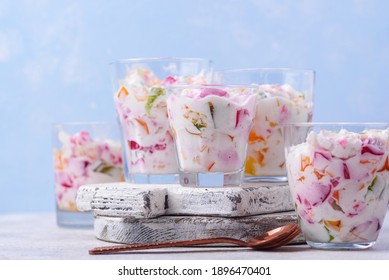 Multicolored gelatin dessert Mosaic with fruit jelly