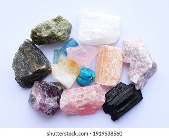 Multi-colored Gemstones, Raw Minerals., Rose Quartz, Turquoise, Citrine, Aquamarines, Fluorite, Red Gypsum, Black Tourmaline, Sherl, Olivine.