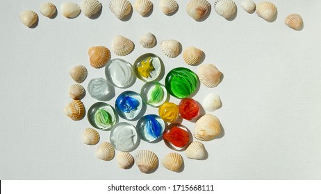   multi-colored glass pebbles with patterns inside in the center and shells around. seashells around colored glass round pebbles                             