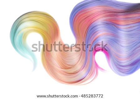 Multicolored Hair isolated over white background. Shiny Healthy colored hair lock closeup, Colorful Dyed hair, pastel colors