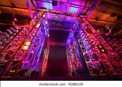 Multi-colored Illuminated Way To Boxing Ring Inside Fight Club; Many Lights