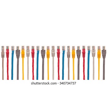 Multicolored internet cables are arranged parallel in a row. At the ends of the connectors RJ-45. Isolated on a white background.