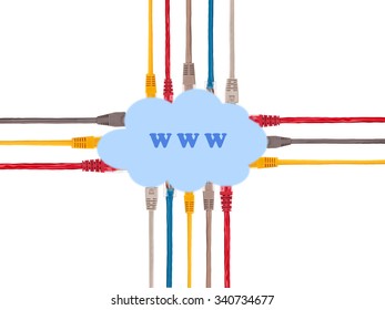 Multicolored internet cables connected to the World Wide Web. A global network of the Internet as a cloud that is connected to a lot of cables on all sides. Isolated on a white background.
