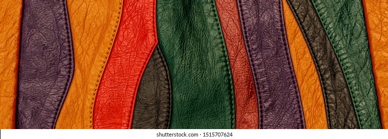 Multicolored Leather Patchwork, Close Up. Colorful  Leather Cloth With Stitch, Closeup Banner