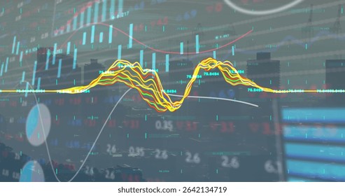 Multicolored line graph undulating across trading dashboard, with candlestick bars and pie segments. Analytics, finance, technology, data visualization, investment, digital interface, innovation