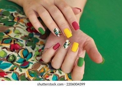 Multicolored Manicure On Square Nails With Floral Design.