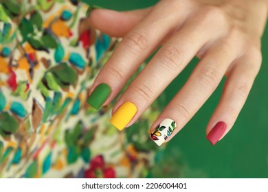 Multicolored Manicure On Square Nails With Floral Design.