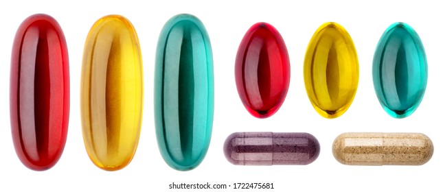 Multicolored medical pills, capsules and vitamins isolated on a white background. Medical Drugs Pills and oil Capsules. Healthy lifestyle, medical, healthcare, pharmaceuticals and chemistry concept.