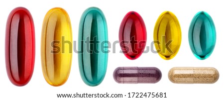 Multicolored medical pills, capsules and vitamins isolated on a white background. Medical Drugs Pills and oil Capsules. Healthy lifestyle, medical, healthcare, pharmaceuticals and chemistry concept.