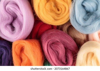 Multi-colored merino wool of high quality, for felting, needlework, knitting, making crafts and clothing, close-up