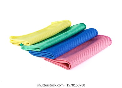 Multicolored Microfiber cleaning cloth Isolated on white background closeup. Full depth of field..