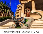 Multicolored mosaic dragon salamander of Gaudi in Park Guell, Barcelona, Spain