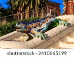 Multicolored mosaic dragon salamander of Gaudi in Park Guell, Barcelona, Spain