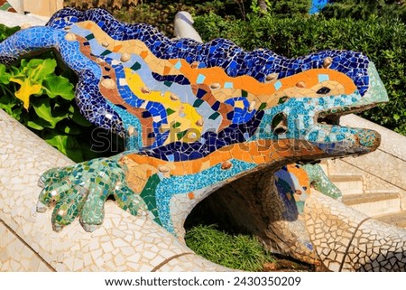 Multicolored mosaic dragon salamander  in Park Guell, Barcelona, Spain