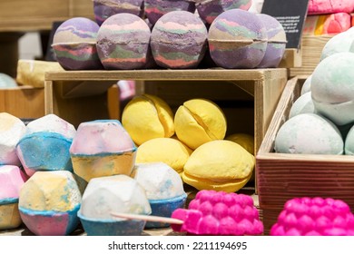 Multicolored Natural Handmade Soap On The Counter In The Store. Close-up. Selective Focus.