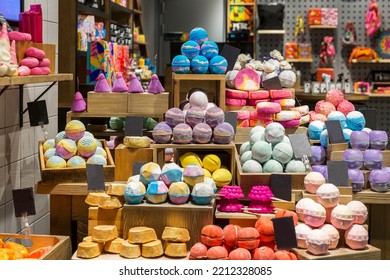 Multicolored Natural Handmade Soap On The Counter In The Store. Close-up. Selective Focus.