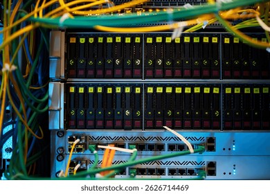Multicolored Network Cables Connected to Server Rack