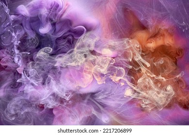 Multicolored Orange Lilac Smoke Abstract Background, Acrylic Paint Underwater Explosion