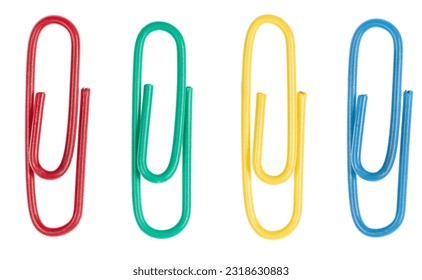 multicolored paper clips isolated on white background. close up