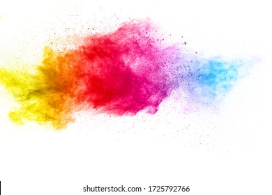 Multicolored Particles Explosion On White Background. Colorful Dust Splatter.