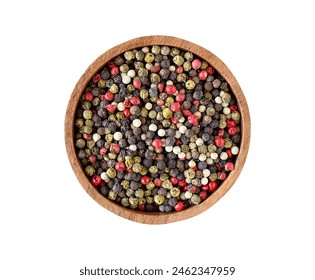 Multicolored peppercorns isolated on white background. Blend of peppercorns. Spices: multicolored peppercorns shot from above on white background. Piquant peppercorn mix, spicy mixture for the pepper  - Powered by Shutterstock