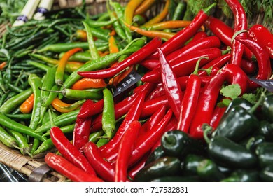 Multicolored peppers on Borough market, London. Food background. Oktoberfest