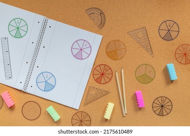 Multicolored pieces of fractions on the table. Close up math material for study. Back to school, geometry lessons, mathematical education for preschooler. Creative study - Shutterstock ID 2175610489