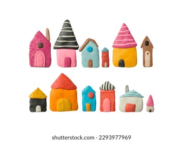 Multicolored plasticine buildings. Set of cute handmade houses. Modelling clay . - Powered by Shutterstock
