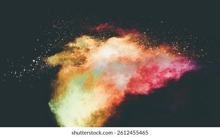 Multicolored powder explosion on black background.Colorful red yellow splash cloud on background.