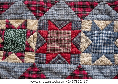 Multi-colored, red and blue patchwork quilted background.