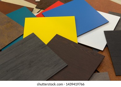 Multi-colored samples of composite materials for the ventilated facades in showroom. Construction