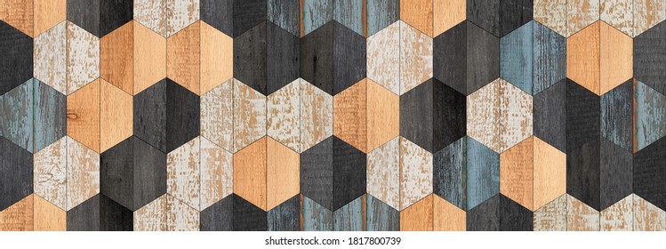 Multicolored seamless parquet floor with hexagonal pattern made of barn boards. Old wood texture background. 