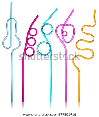 Multi-colored semi-transparent in many shapes straw. Drinking straws in the colors blue, purple, pink, yellow on a white background with slight reflection.