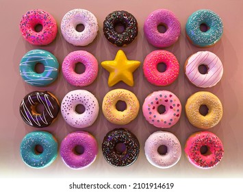 multicolored set of donuts with different powder on pink background, top view, gift or treat