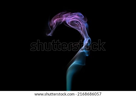 Multicolored smoke question mark shape on black background, mysterious swirled smoke clouds for aromatherapy and relaxation. Pink and turquoise gradient colors of dense smoke, multi colour smoke curls