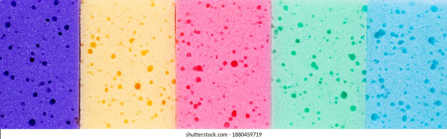 Multicolored sponges for cleaning. Wide banner with blue, green, pink, yellow and purple colors. Copy space - Powered by Shutterstock