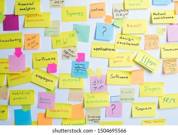 Multi-colored Sticky Paper Notes On The Wall. Brainstorming Concept, Meeting, Teamwork. 