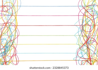 Multicolored tangled and lined knitting threads on both sides of a white background
