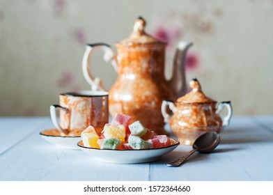 Multicolored Turkish Delight Oriental Sweets, Very Beautiful, Vintage, Old Coffee Set And Spoon