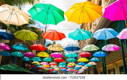 Multicolored Umbrellas In Le Caudan Waterfront, Port Louis Capital Of Mauritius