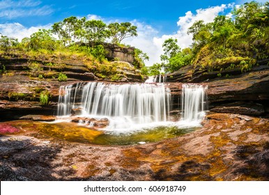 Multicolored Waterfall River In Colombia, Cano Cristales