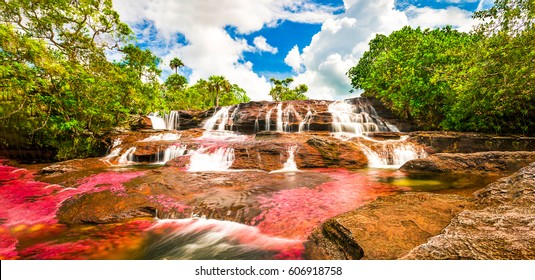 Multicolored Waterfall River In Colombia, Cano Cristales