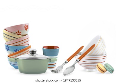 Multicolour kitchen set with white background, multicolour cup spoon biscuits , - Shutterstock ID 1949133355